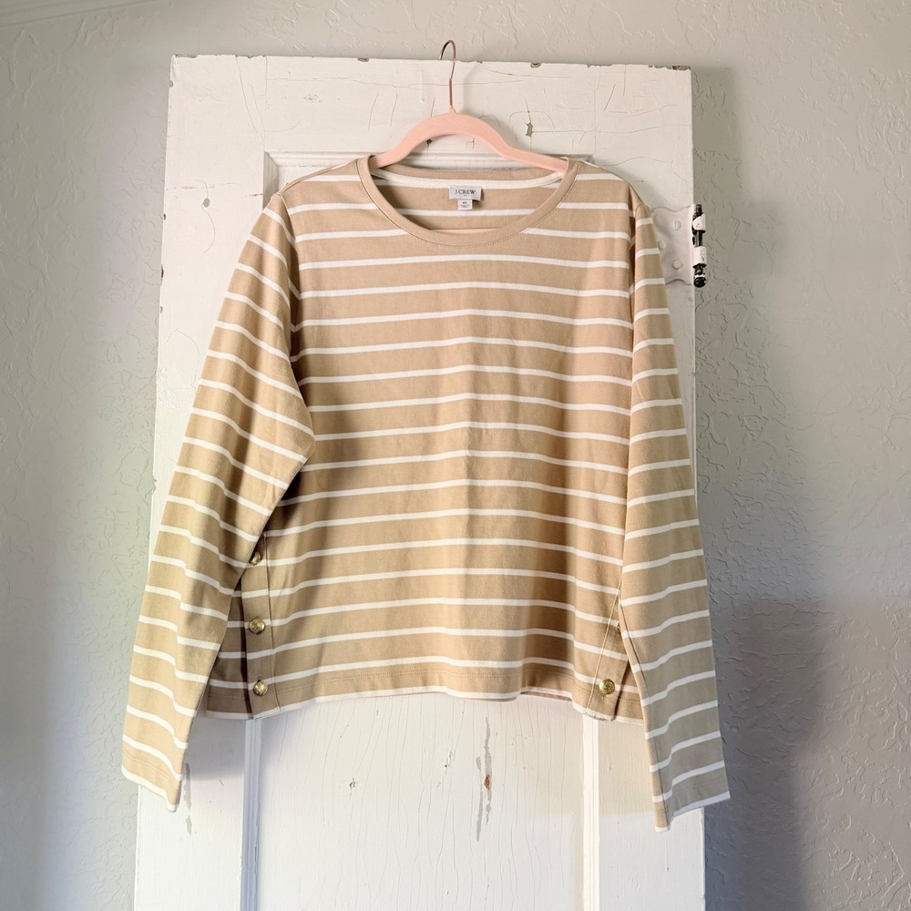 J.Crew Tan White Striped Long Sleeve Cotton Tee Gold Button Side Detail XL
